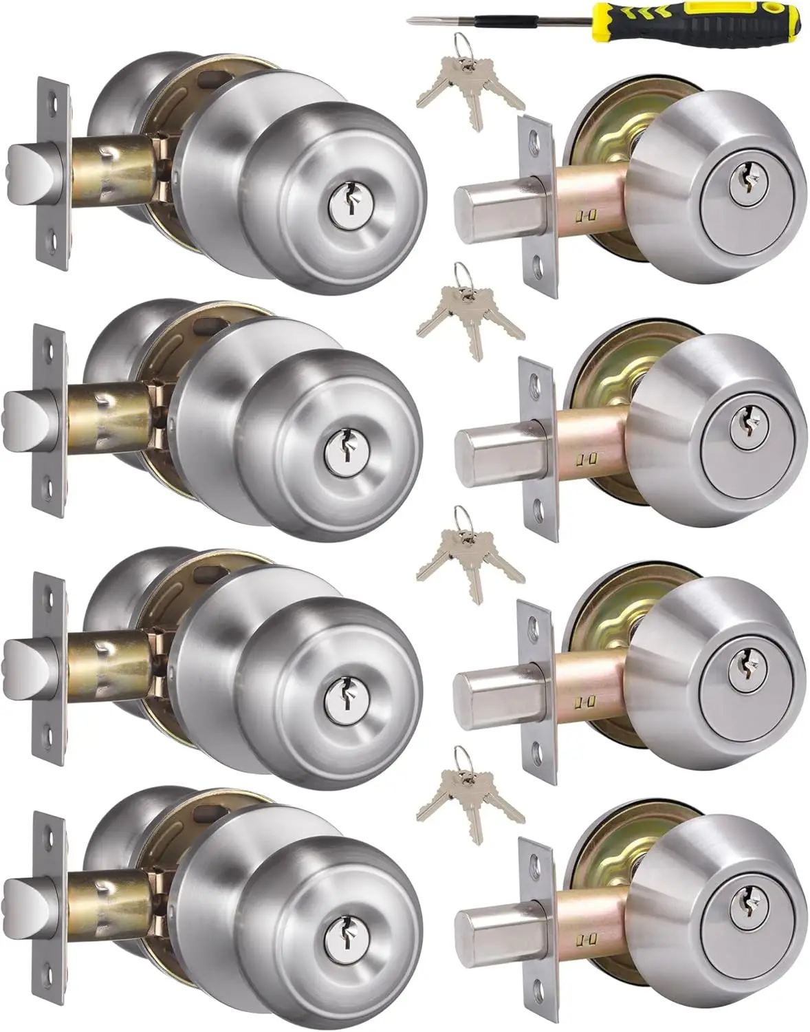 Sets) All Keyed Same Entry Door Knobs With Single Cylinder Deadbolt For Exterior Door Use, Satin Nickel Finish Door Entry