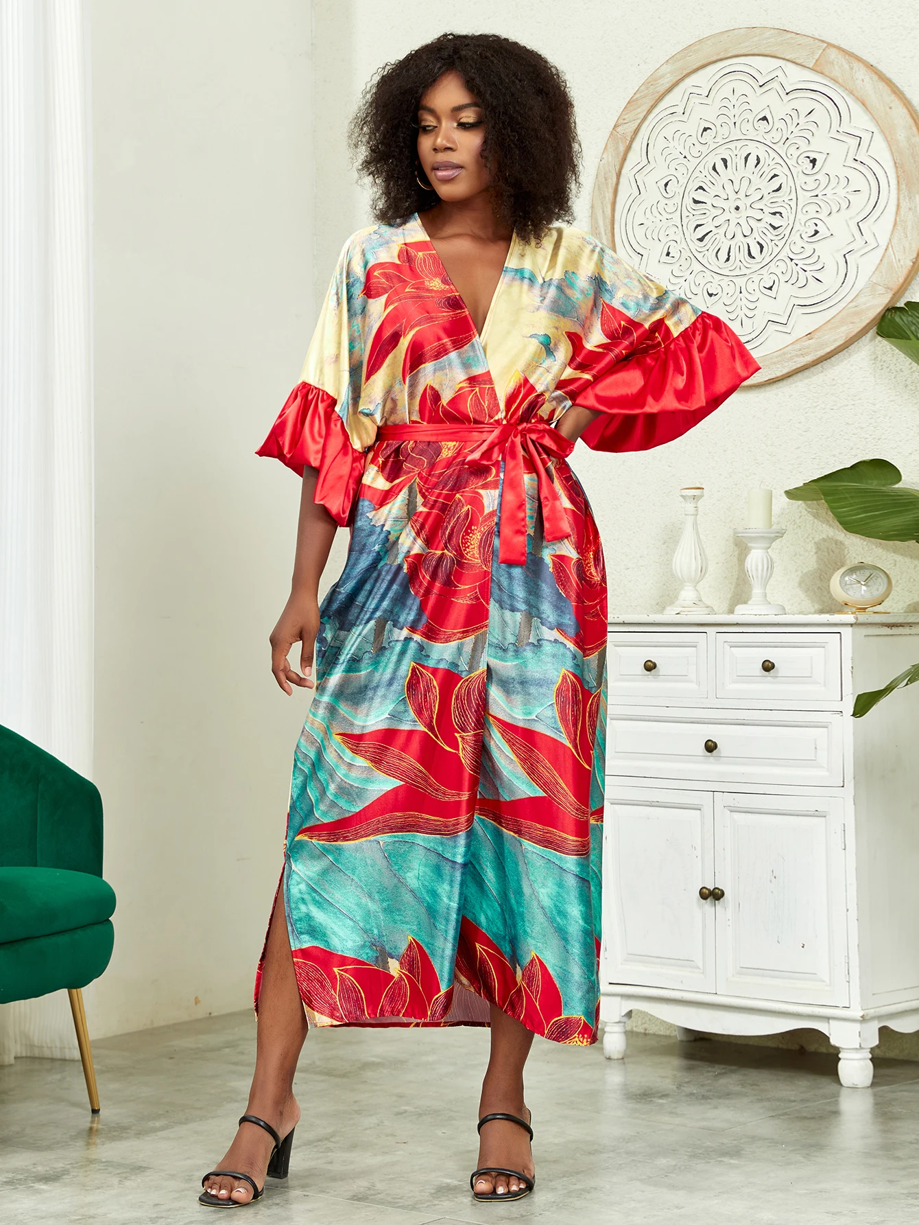 Plus Size Boho Kimono, damskie Plus nadruk lotosu kontrastowe wiązanie z długim rękawem z odkrytym przodem Kimono