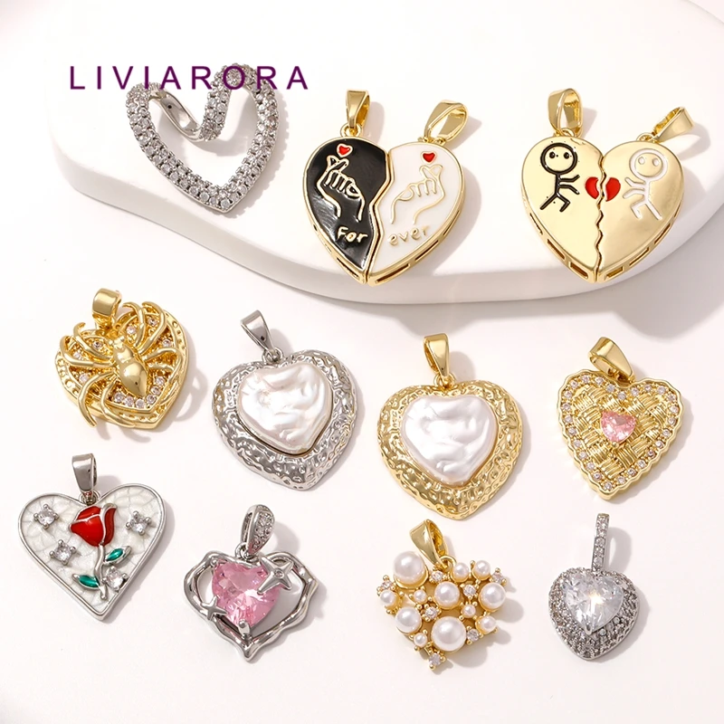 1Pc 18K Gold Plated Brass Heart Pendant Zircon Pearl Enamel Love Charms Forever Heart Dangle Charms For Necklace Jewelry Making