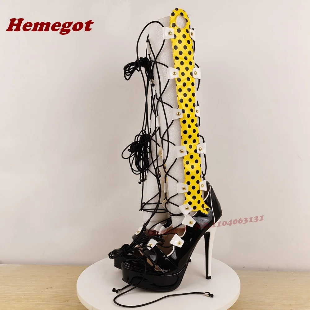 

Colorful Platform Lace-Up Sandals Peep Toe Hollow Out Stiletto Heels Gladiator Sandals for Women Patchwork Strappy Shoes Runway