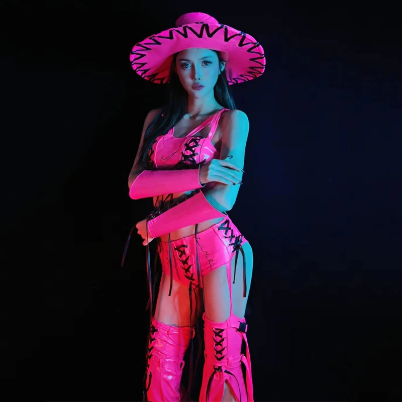 الفلورسنت الوردي الجلود الهذيان الزي مثير القطب ملابس الرقص النساء جوجو راقصة زي عرض مسرحي الهذيان الملابس كلوبوير XS7494