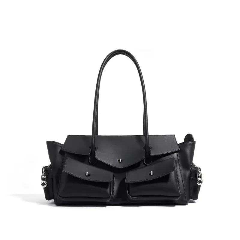 

Moto Styling Long Handle Handbag Women New High Quality Glossy Split Cow Leather Multiple Pockets Designer Luxury Shoulder Bag