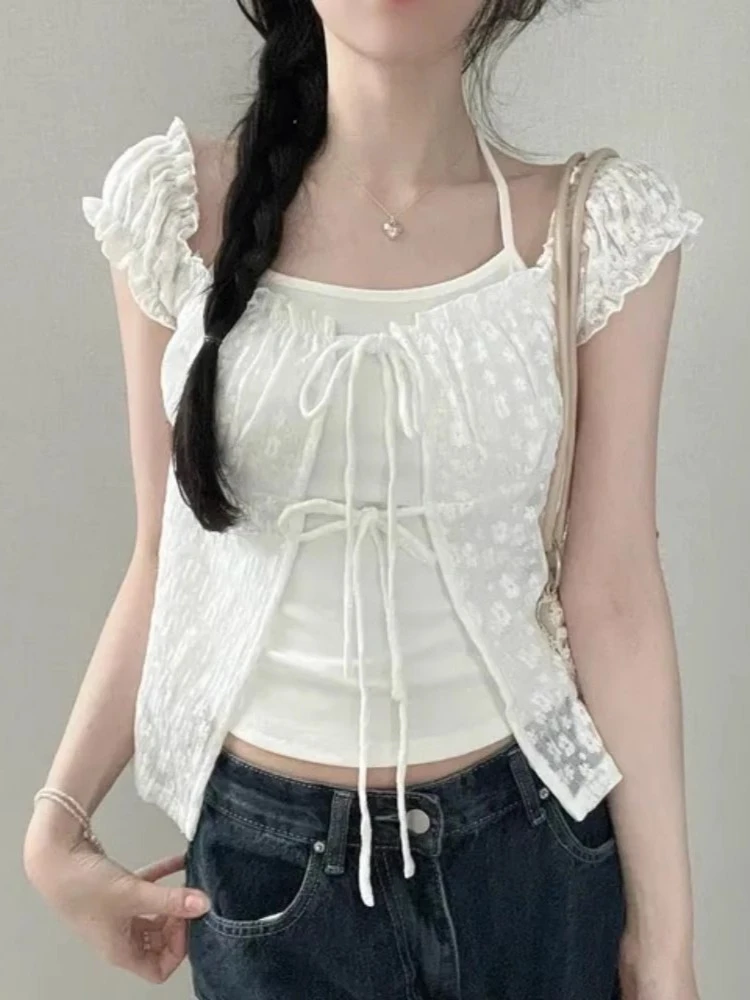 وهمية قطعتين امرأة الرسن المرقعة تي شيرت كل مباراة الدانتيل زهرة ضمادة الكورية تيز الحلو موضة الصيف اقتصاص تي شيرت #5