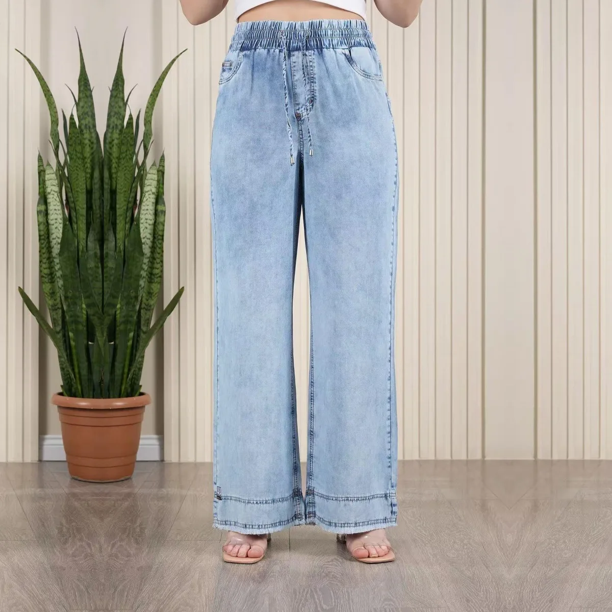 Elastic Waist Wide Legs Loose Jeans Women's Elastic Drawstring Straight Pants Rough Edge Jeans