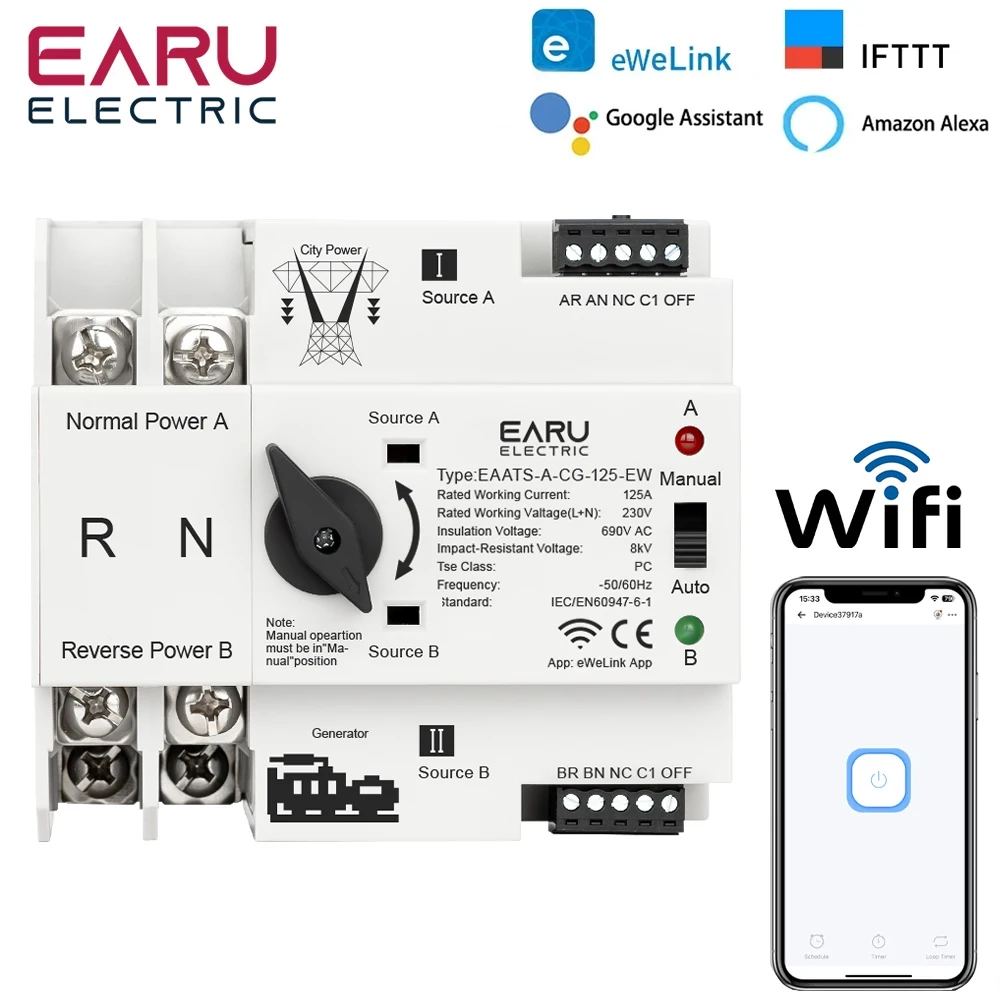 eWeLink WiFi Smart Remote Control 2P 125A AC 230V ATS Dual Power Automatic Transfer Electrical Selector Switch Uninterrupted