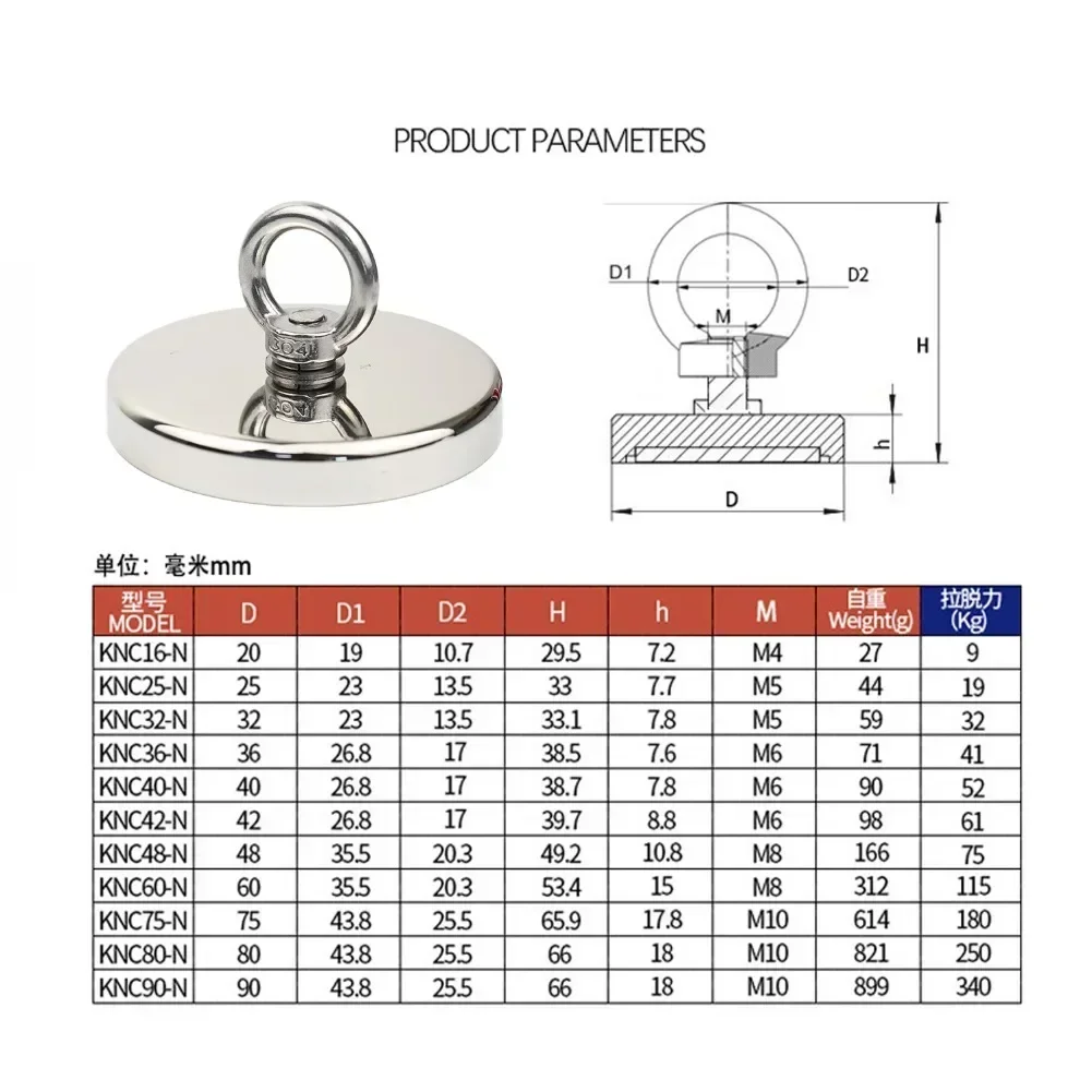 Magneti di ricerca per impieghi gravosi N52 magnete al neodimio forte magnete di salvataggio magneti da pesca d'altura montaggio con occhiello ad anello