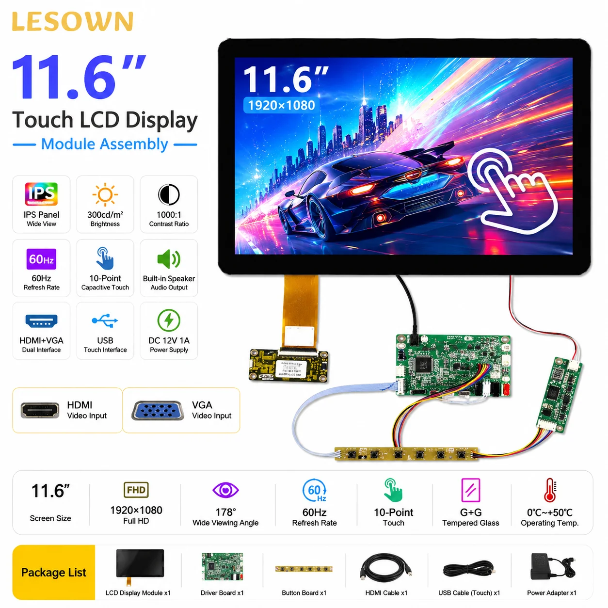 LESOWN 11.6 inch Display Module FHD 300nits Screen with Driver Board Plug & Play 10-Point Touch
