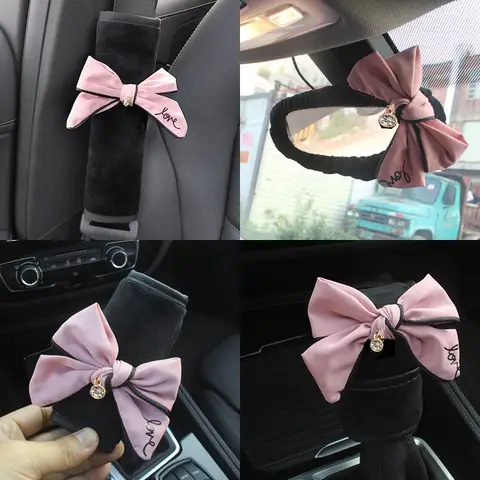 Universal Plush Car Gear Shift Cover Cute Pink Bow Winter Soft Handbrake Boot Steering Wheel Cover For Women Girl Car Interior