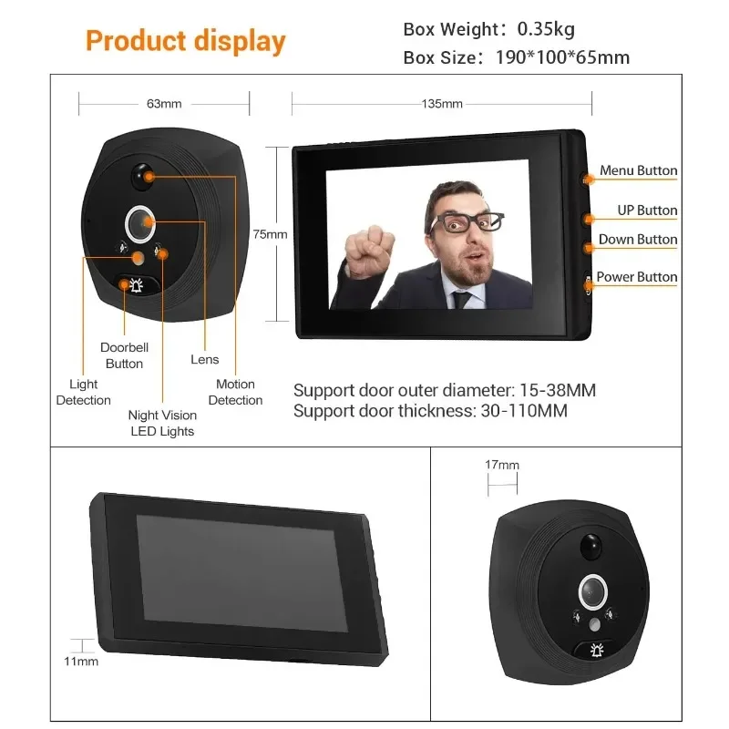 Peephole Camera para Door Viewer, Detecção de Movimento, Monitor, Digital Ring Doorbell, Video-Eye Safety Recording, 4,3 polegadas