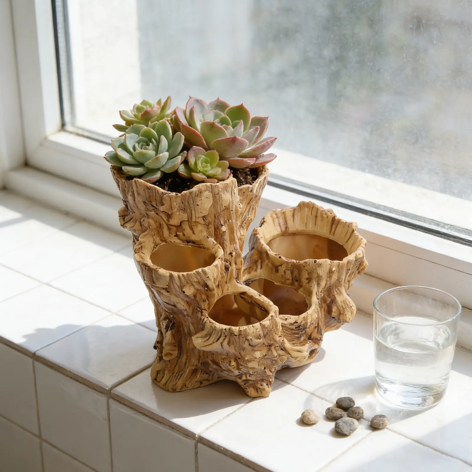 Drainage Six Hole Tree Stump Planter Pot Faux Wood Resin Indoor Decorative Plant Pot for Succulents Bonsai Vintage Artificial