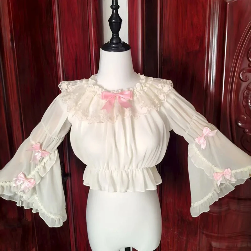 Sweet Lolita Chiffon Shirts Women Lace Ruffles Patchwork Flare Long Sleeve Blouse Japanese Kawaii Bow Summer Crop Bottoming Tops