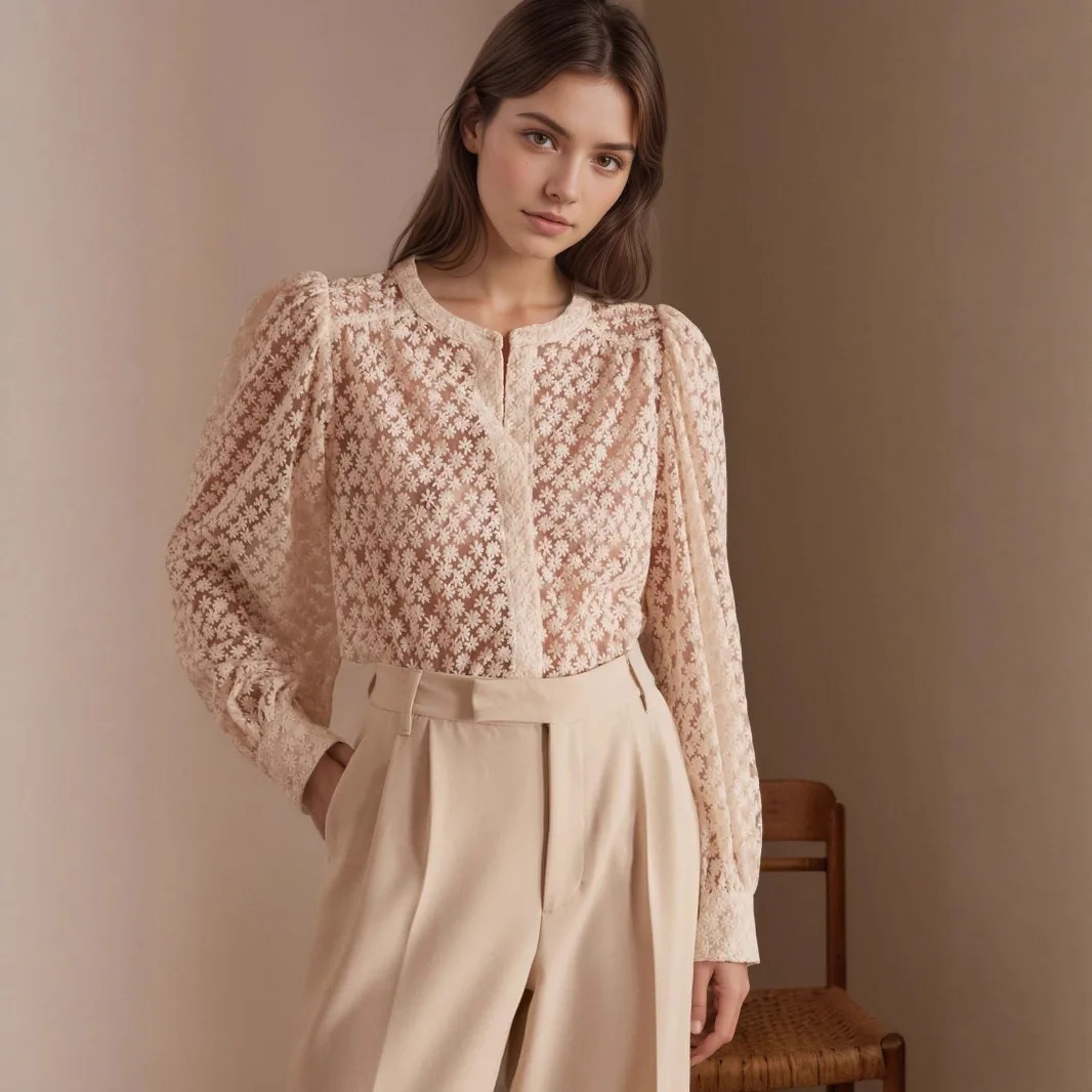 

2025 Autumn New Elegant Women's Flower Hollow out Shirt Round Neck Charm Lace Top