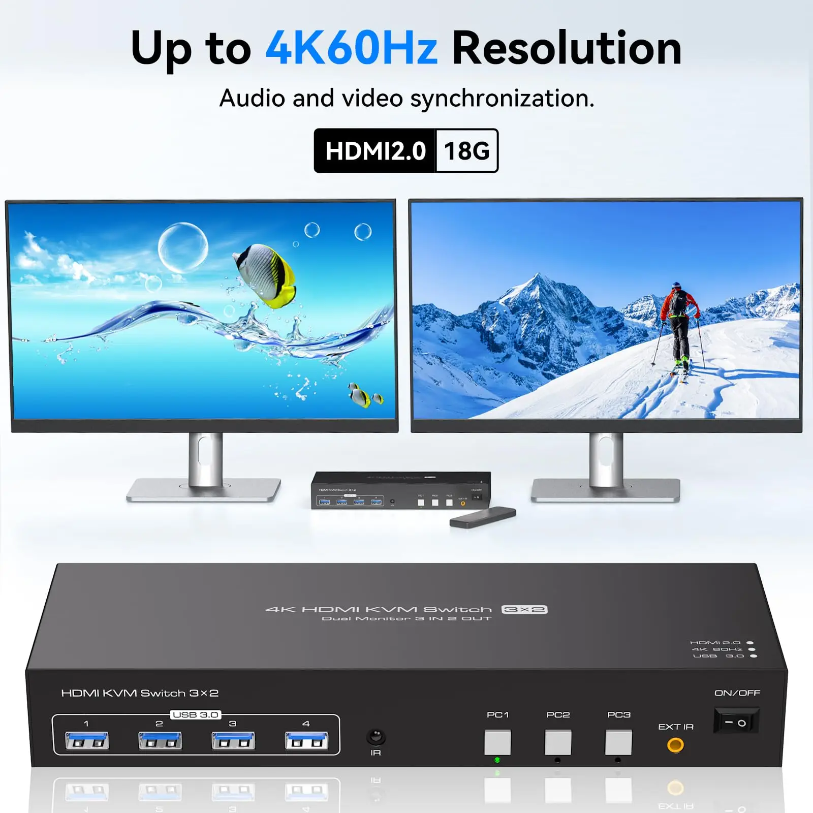 

HDMI KVM Switch 2 Monitors 3 Computers 4K60Hz EDID Simulation ,Dual Monitors USB3.0 KVM Switch for 3 Computers