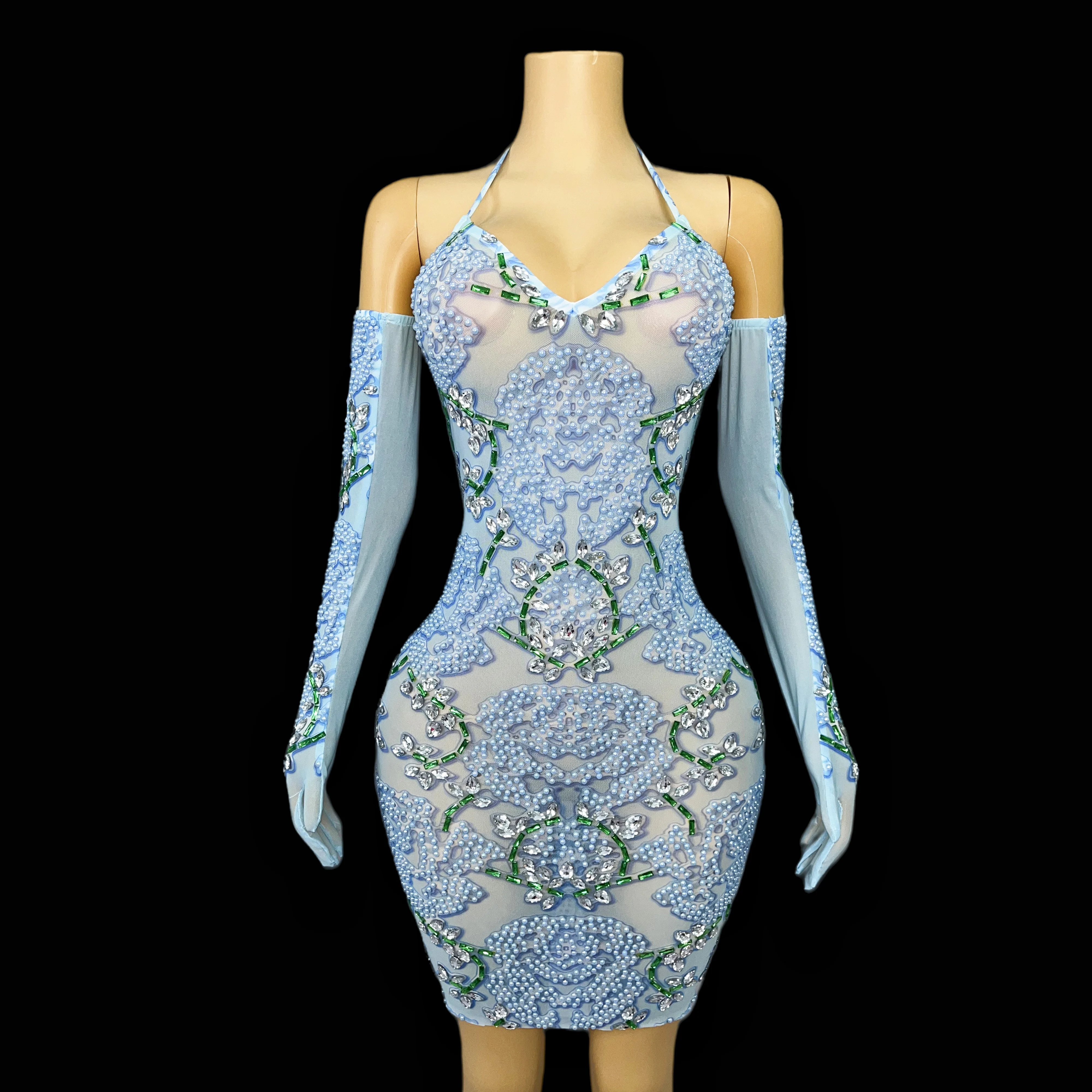 

Blue shiny pearls rhinestones sexy halterneck bandages backless gloves skirt dresses party costumes stage costumes Canglan