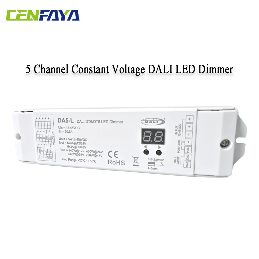 5 Channel Constant Voltage DALI LED Dimmer DT6 DT8 5 CH Independent Dimming With Push Switch Dimming Features 12V 24V LED Strip