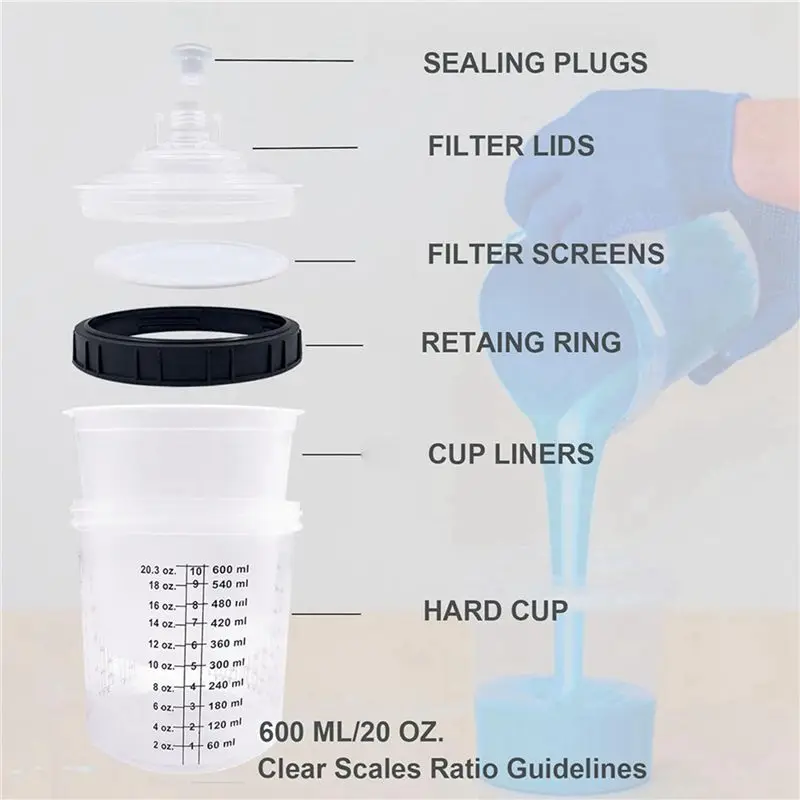 A01F-2X Paint Sprayer Mixing Cup Liner And Cap System For HVLP Spray Guns, Automotive Paint Spraygun 20 Oz (600 Ml) Kit