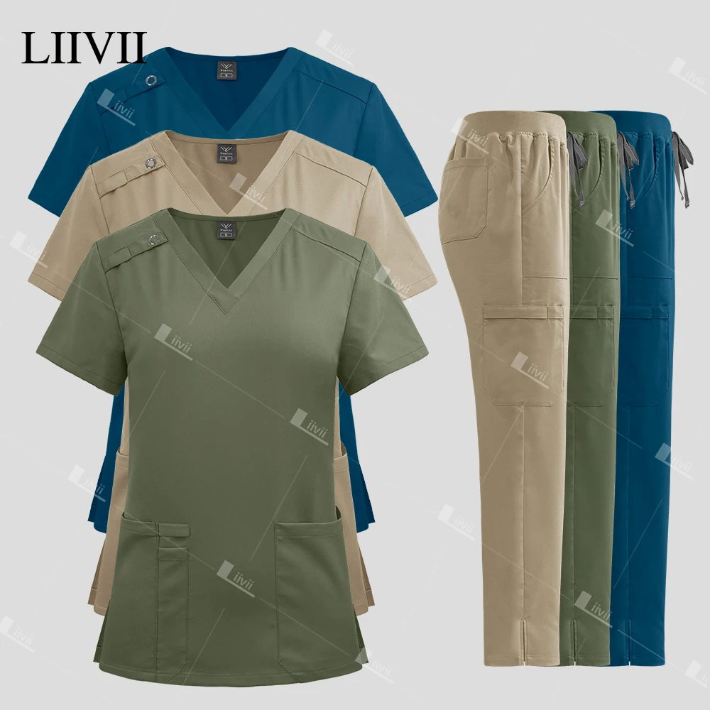 Uniformes quirúrgicos de moda para mujer, conjunto de enfermería, bolsillo, Top, pantalones, artículos, uniforme médico, exfoliante, clínica, salón de belleza, trajes de Hospital