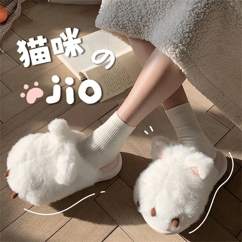 home Cat Paw Fluffy Slippers Women\'s Winter Warm Mules Shoes Girls Fur Slides Slipper Woman House white  Shoes Kitten Ear Design