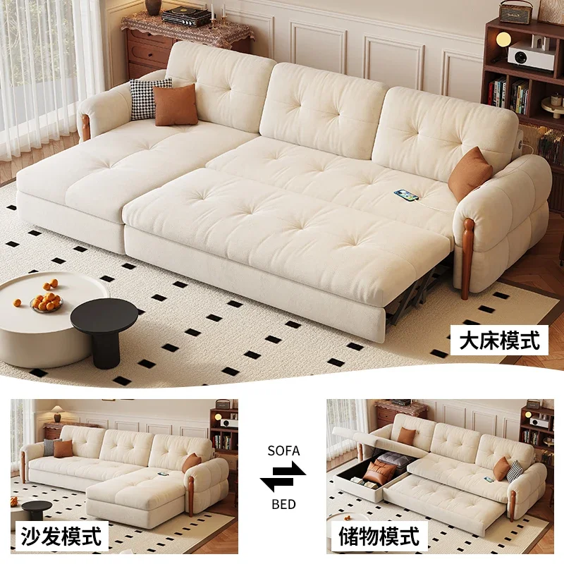 French retro cream wind solid wood sofa bed folding dual-purpose living room small apartment telescopic bed 2024 new sofa