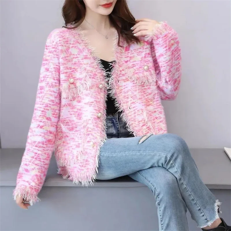 Imitação de vison veludo tricô cardigan feminino outono inverno manga longa casaco senhoras com decote em v casaco curto senhora tricô cardigan topo