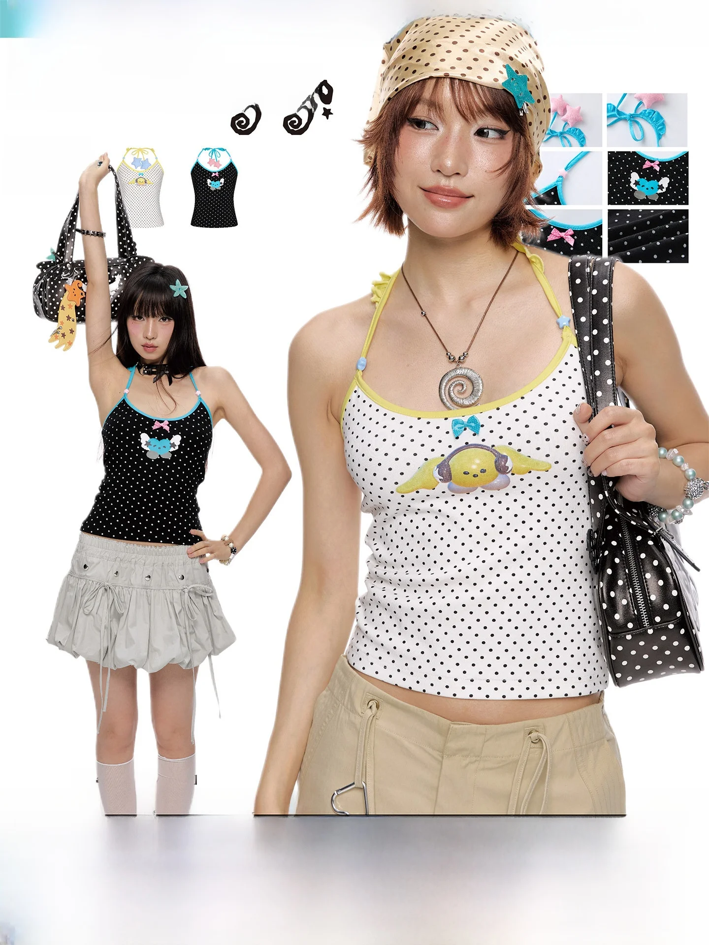 

Летний топ BENANDxsuiso с милым принтом в горошек, бантом и 3D-звездой, оригинальный дизайн, облегающий крой, для женщин