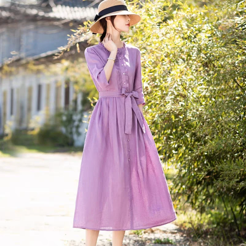 Ele Cotton Lin ort Sve Dr تنورة نسائية طويلة بحزام عالي الخصر لربيع وصيف Faion Lady Sle Midi Dr #3