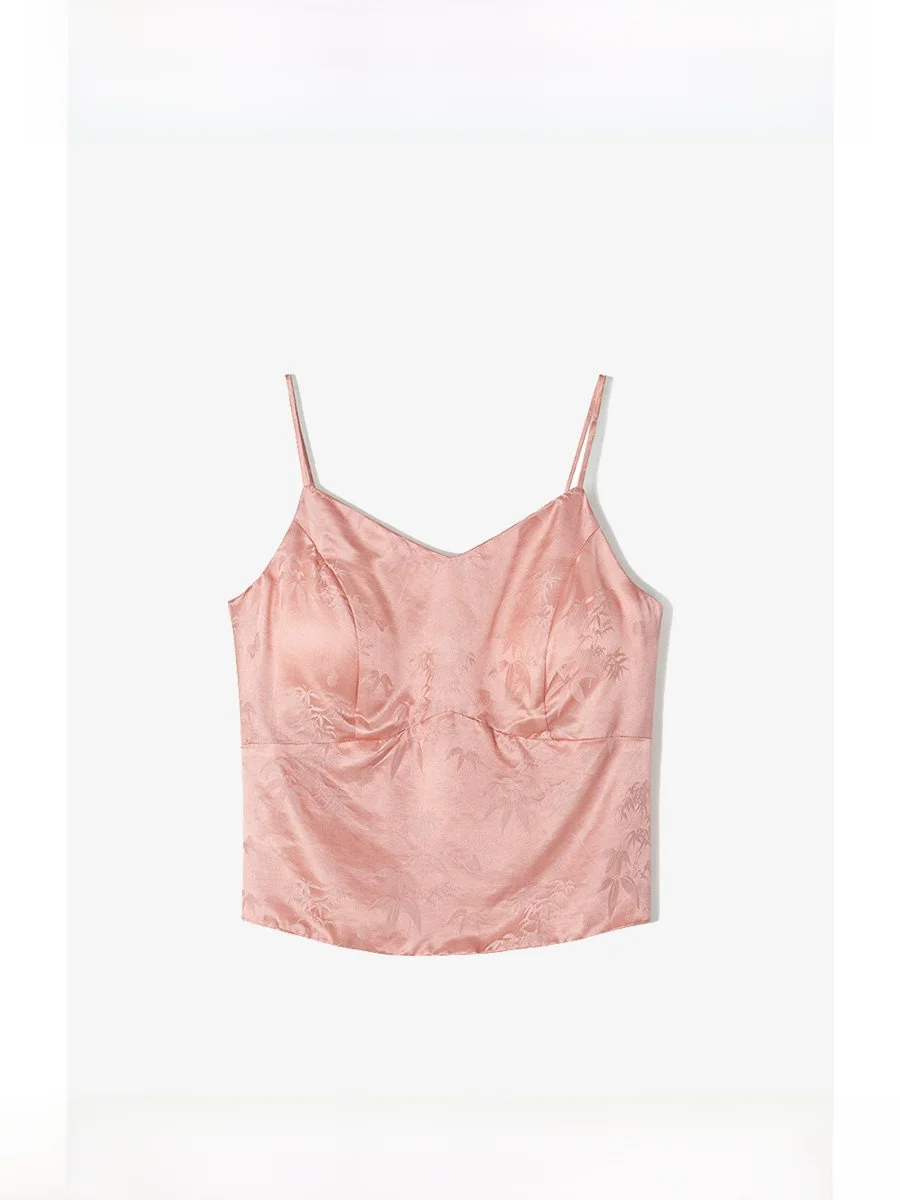 

Silk Bamboo Le Pattern Embroidery Strap Vest Women Summer Inner Wear Sexy V-ne Pad Silk Vest Soft Satin Fabric
