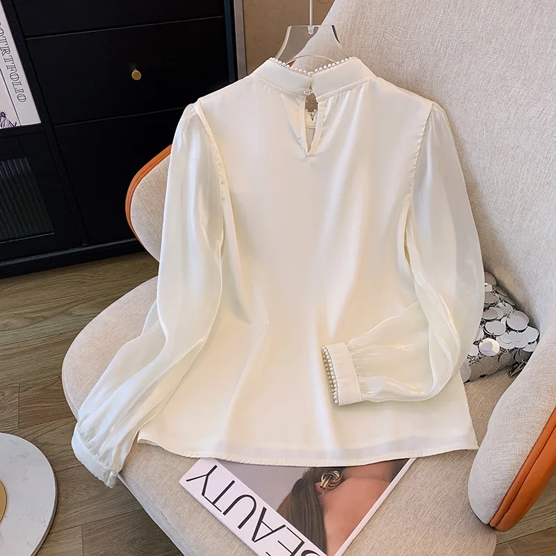 women\'s Retro button up long sleeved shirt spring 2024 embroidered beaded chinese style elegant slimming Shirt Top