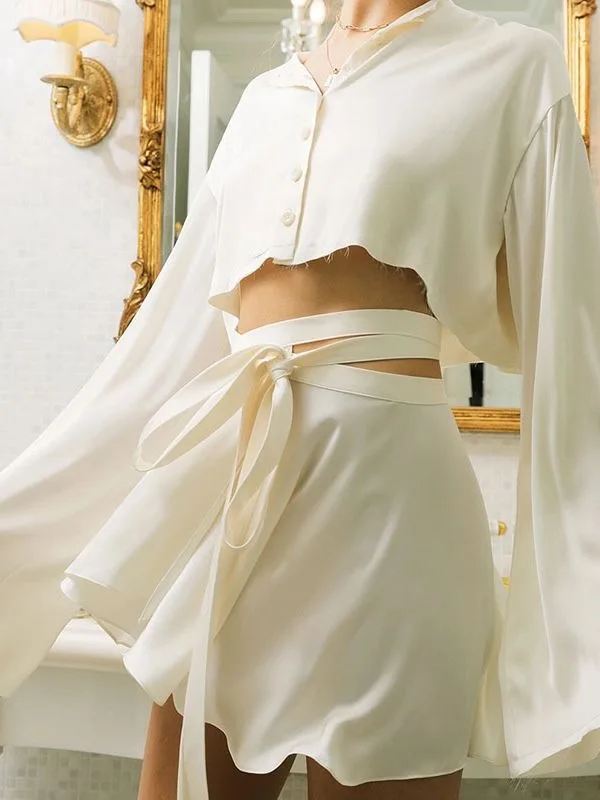 Casual Women Fashion Two piece silk Satin Set high waisted short skirt long sleeved cardigan top two-piece silk set spicy girl - Image 6