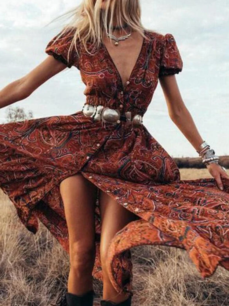 Abito Boho con stampa Vintage abito lungo Sexy con scollo a v abito estivo Casual da spiaggia prendisole allentato manica corta Maxi vestito Vestido