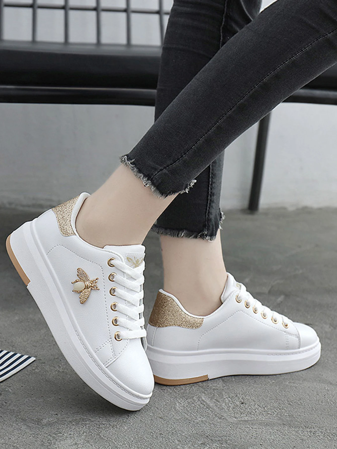 Women Gold Casual Round Toe Thick Bottom Non-slip Sneakers,Elegant Preppy Fashion Valentine Board Shoes