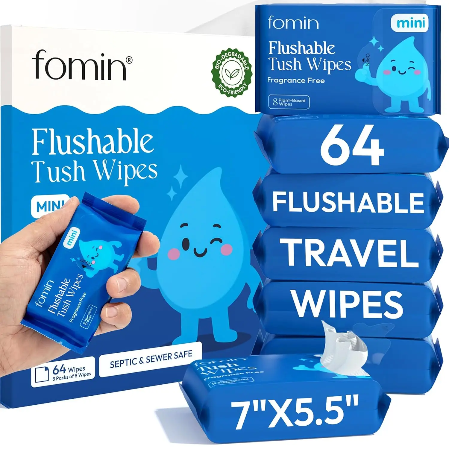 

Compact Travel Flushable Wipes 8 Pack (64 Wipes) - Unscented, pH Balanced, Biodegradable, Plant-Based, Hypoallergenic for Adults