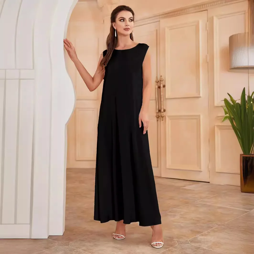 

Black Satin Under Abaya Dress Muslim Sleeveless Slip Inner Dresses for Women Ramadan Islamic Clothing Dubai Turkey Outfit Kaftan