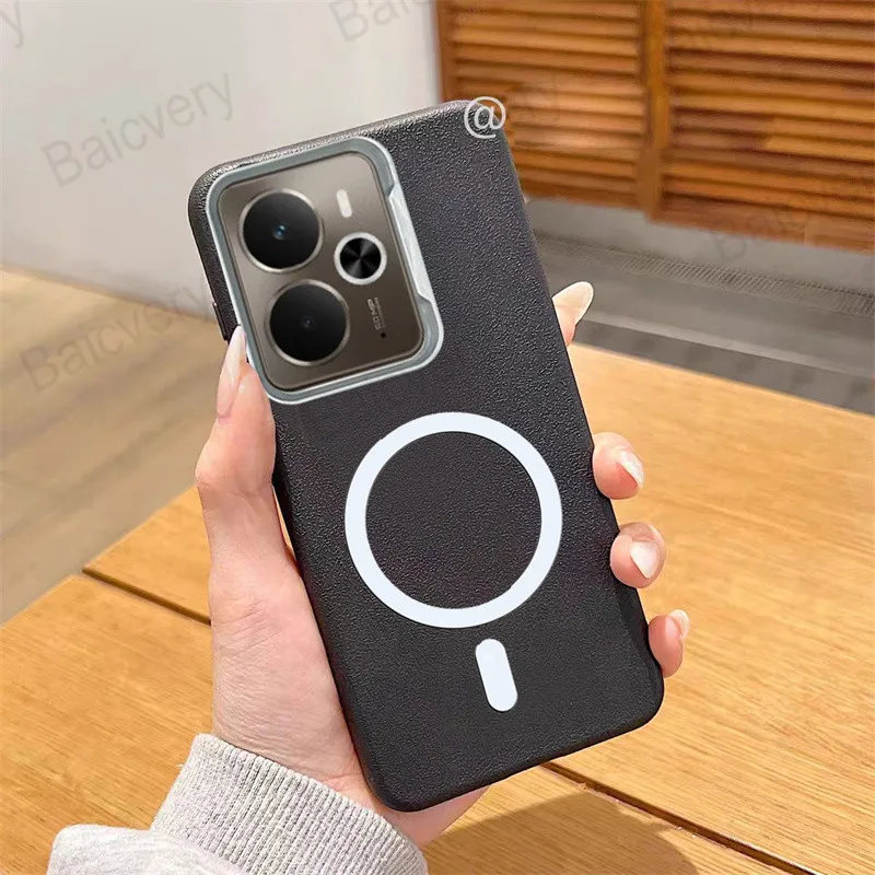 لـ Realme 14 5G / 14T غطاء منقوش من الجلد السيليكون الناعم مع ملصق مغناطيسي ذاتي اللصق
