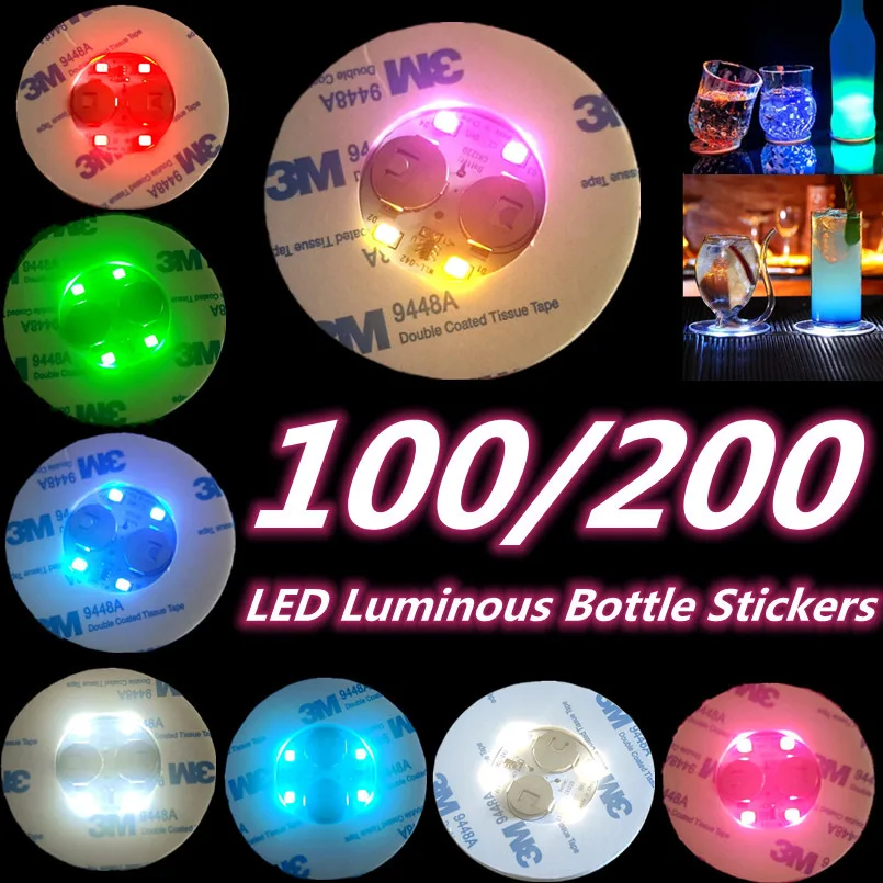 100/200PCS LED Coaster Lights Colorful Glowing Wine Bottle Stickers Bar Wedding Party Lighting Glowing Wine Bottle Stickers