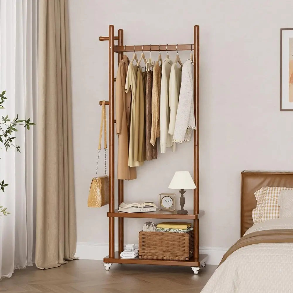 

Вешалка для одежды напольная на колесиках, прочная вешалка-стойка с 2 полками и 5 крючками, деревянная