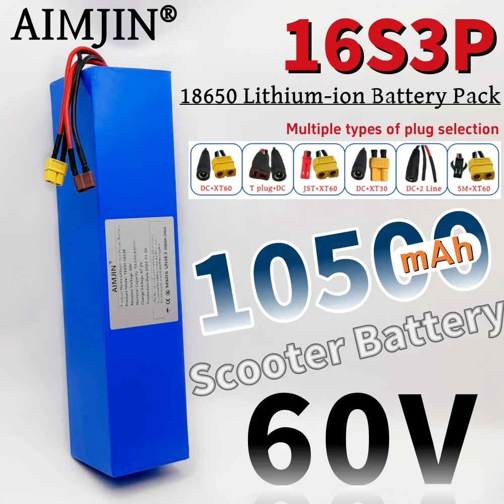 18650 16S3P 10.5Ah Li-ion Battery Pack 60V 10500mAh Rechargeable Battery Built-in BMS 800-1200W Suitable For Electric Scooter