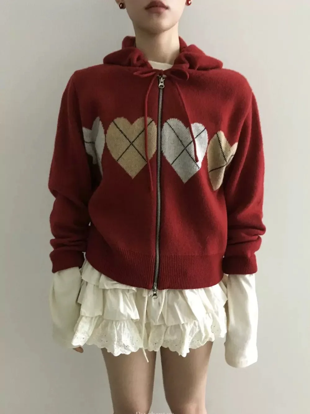 المرأة محبوك سترة معطف مع Dstring هود القلب نمط الماس معرف تصميم الخريف جديد Sle عارضة أعلى مريحة