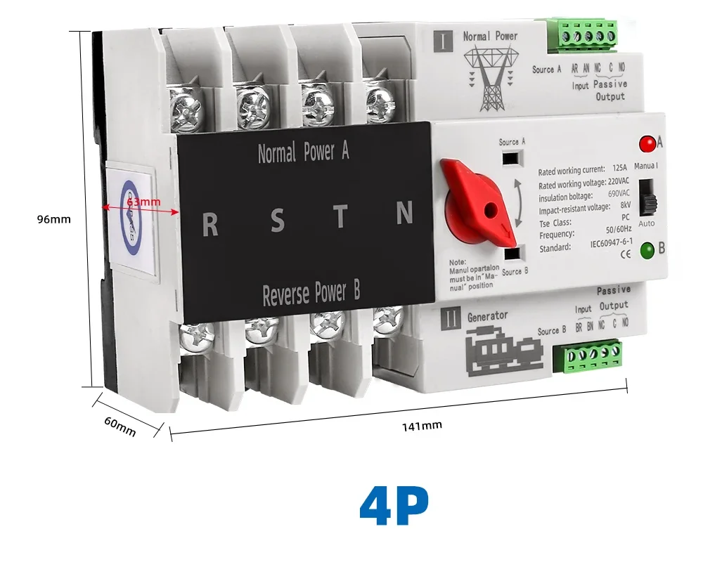 Din Rail 2P 4P ATS Dual Power Automatic Transfer Switch Selector Switches Uninterrupted Power Generator 63A 100A 125A