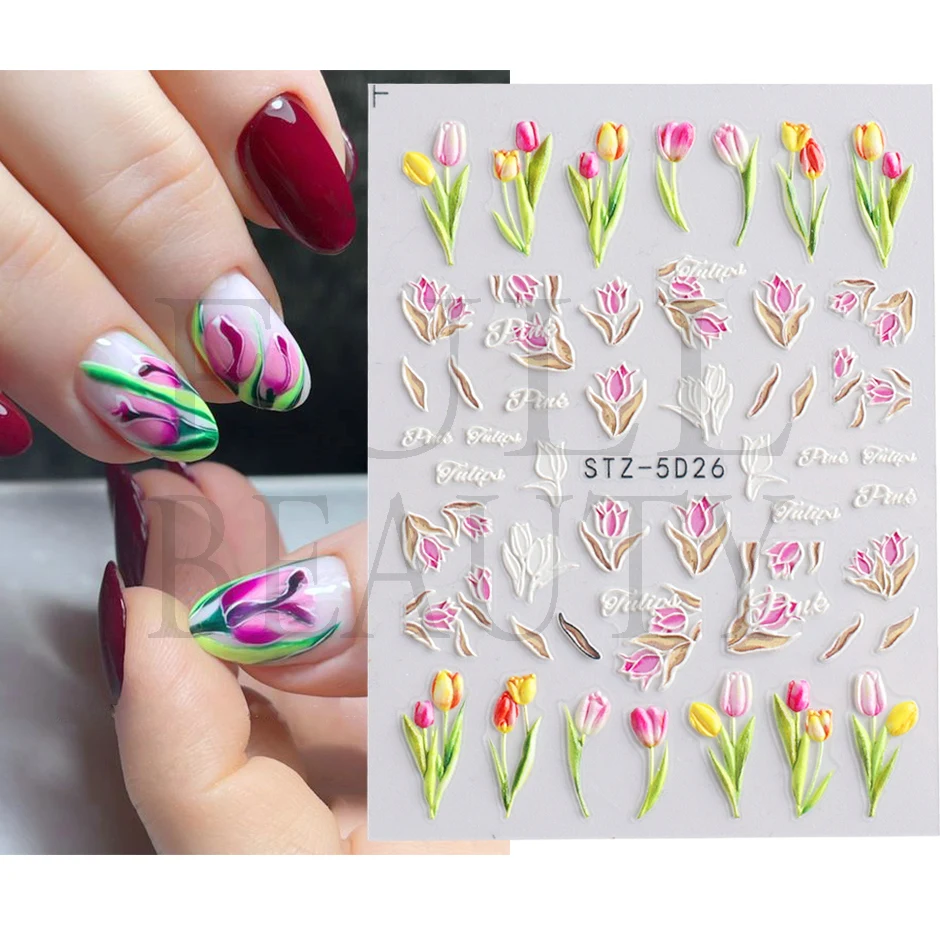 5D Schneeglöckchen geprägte Nagellack Aufkleber Tulpe Campanula Blumen Charms Aufkleber elegante florale strukturierte Maniküre Acryl Wraps