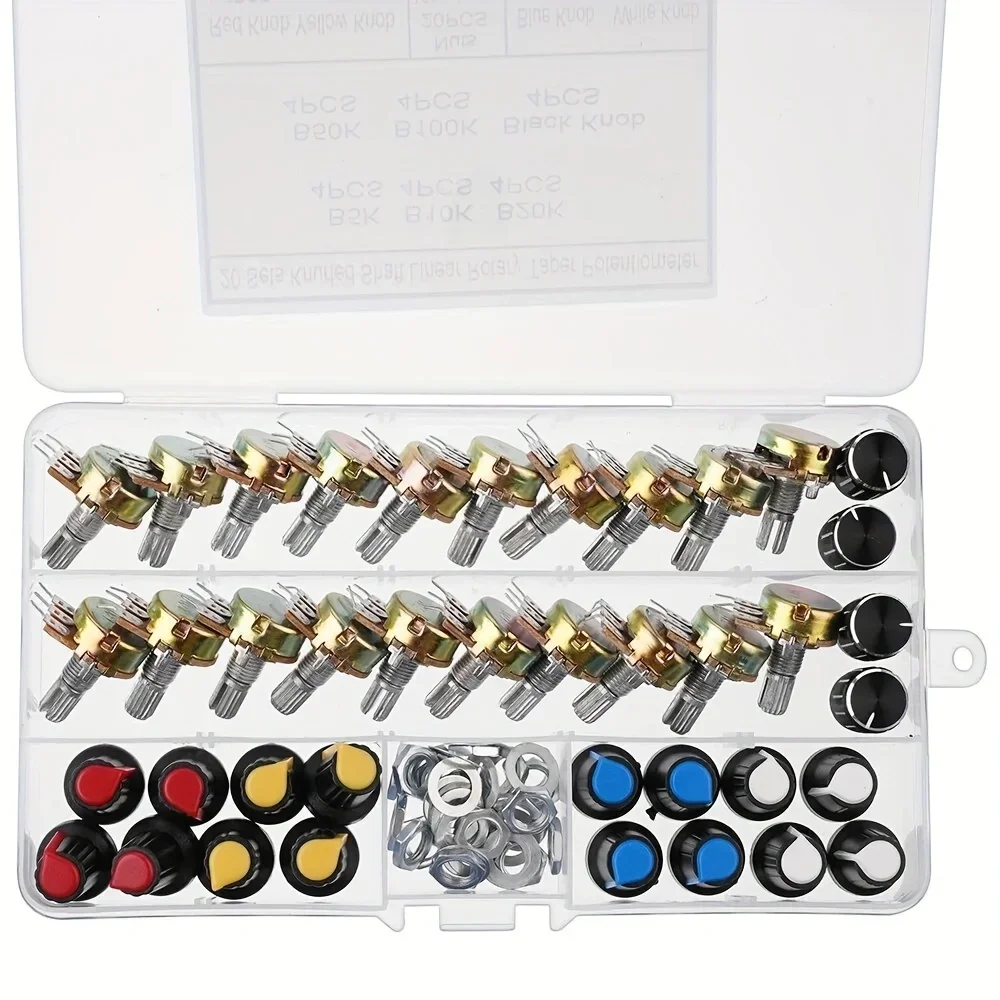 Single Potentiometer B5K 10K 20K 50K 100K Variable Resistor 20Pcs Knob Caps Black White Blue Red Yellow Boxed Assortment Kit
