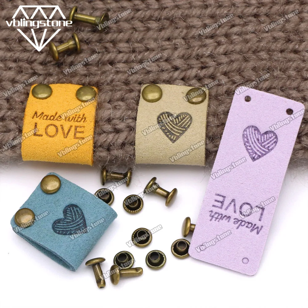 20Pcs Handmade With Love Labels Leather Tags For Knitted Flag Handmade Labels for Clothes Metal Single Cap Rivets Studs