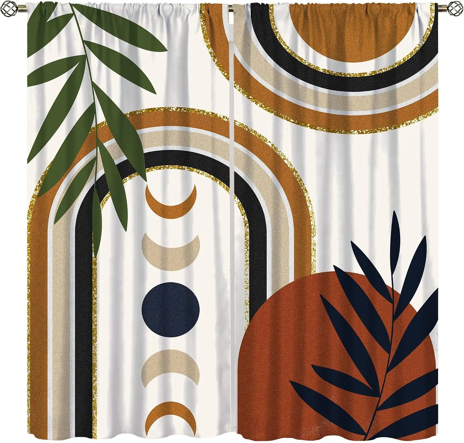Boho Arch Curtain Panels, Mid Century Moon Phase Palm Leaf Geometric Print Drapes for Bedroom Window Living Home Decor