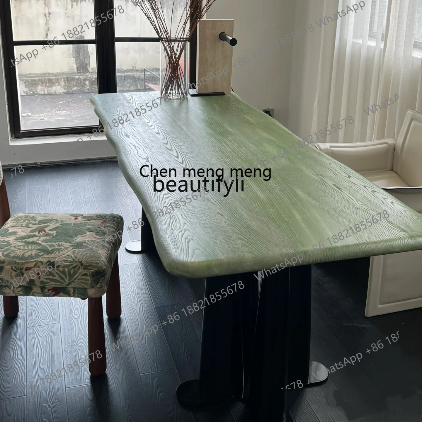 

French Vintage Solid Wood Dining Table Desk Nordic Simple Green Ash Wood Meeting Table Workbench H