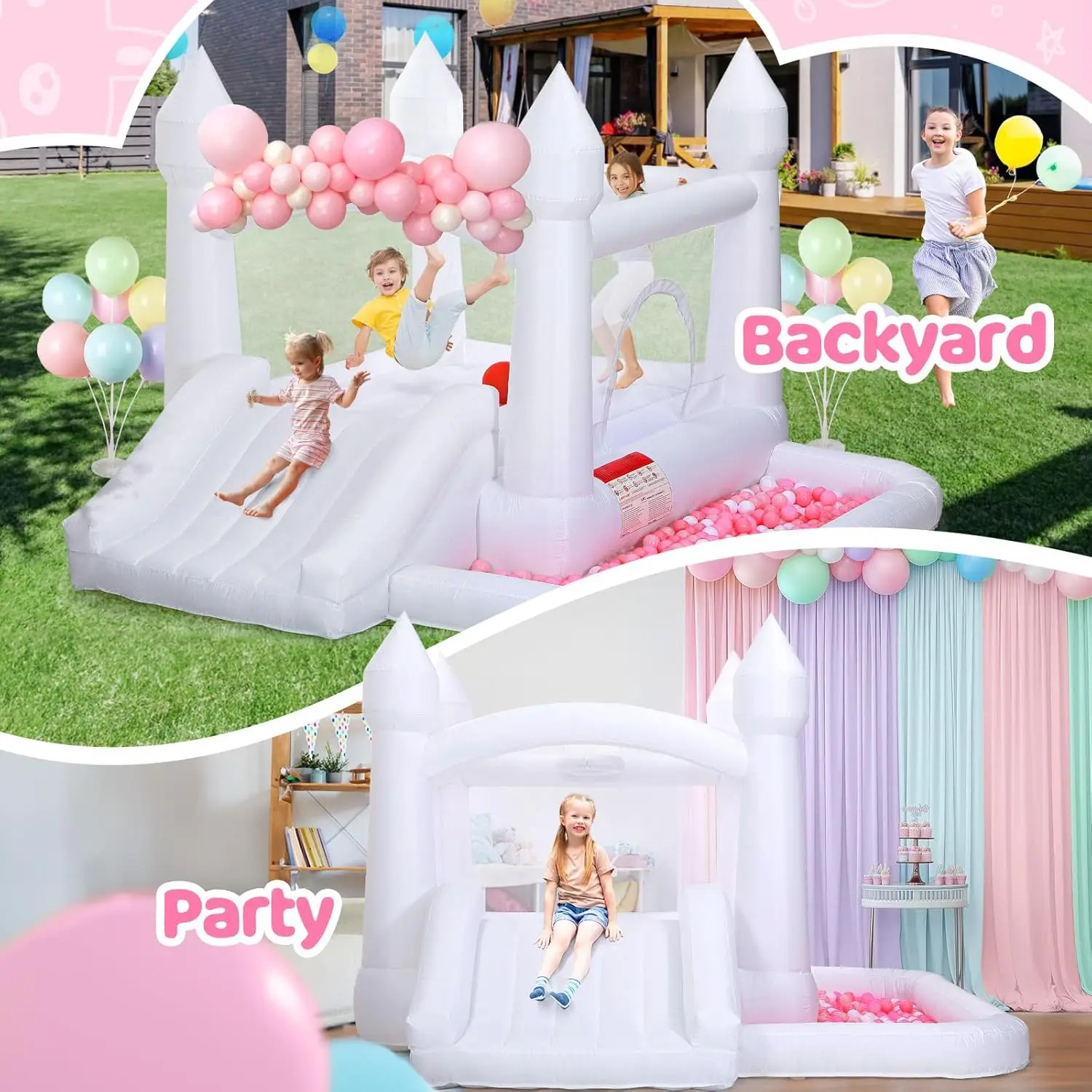 Casa de rebote blanca, castillo inflable con tobogán, soplador de aire, pozo de bolas, castillo inflable para fiesta de cumpleaños interior y exterior