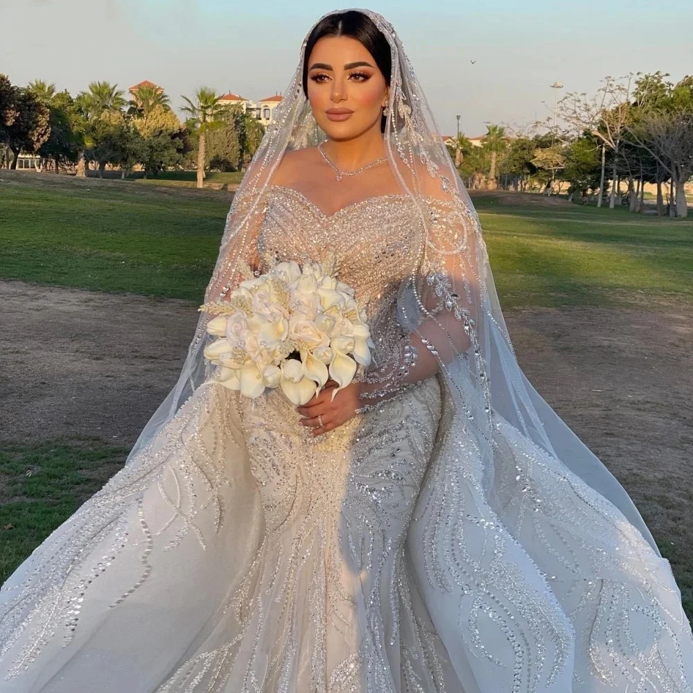 فستان زفاف حورية البحر فاخر برقبة على شكل قلب وأكمام طويلة فساتين زفاف ترتر دانتيل قابلة للانفصال حسب الطلب
