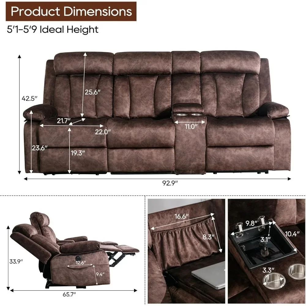 3 Seater Recliner Sofa Power Reclining Sofa with Heat and Massage Reclining Sofa with Console,Flipped Middle Backrest