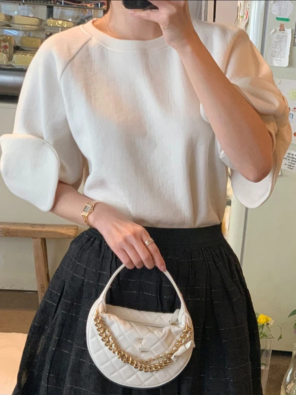 

Elegant White Women's Short Sleeve Sweatshirt Spring Fashion Knot Design Versatile Comfortable Loose Fit round Neck