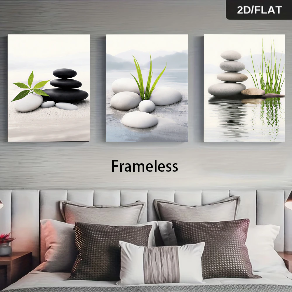 1 Set – Modern Minimalist Zen-Style Stone Triptych (Frameless Decorative Art) – Serene Water & Stone Imagery (2D Flat Design)