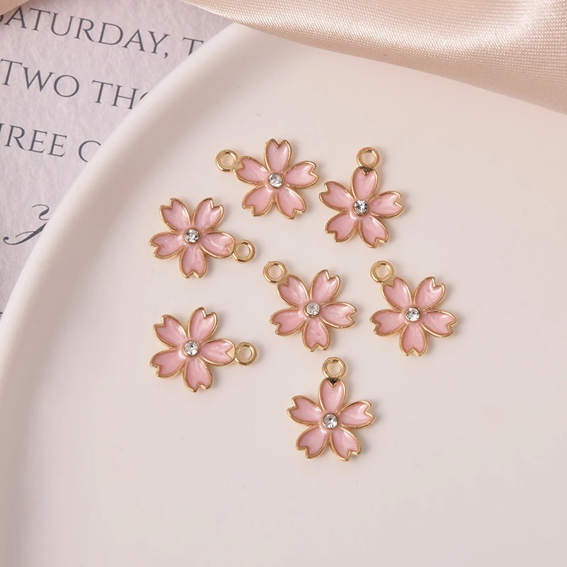 10 Pcs Pink Sakura Flowers Christmas Charms Alloy Pendants Enamel Charms for DIY Jewelry Making Earrings Jewelry Accessories